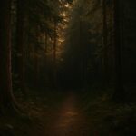 A forest trail disappearing into shadow at sunset among tall cedar trees in Gitxsan territory.