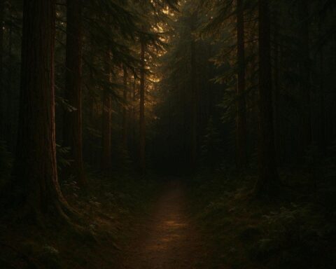 A forest trail disappearing into shadow at sunset among tall cedar trees in Gitxsan territory.