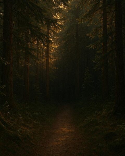 A forest trail disappearing into shadow at sunset among tall cedar trees in Gitxsan territory.