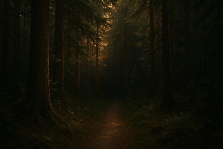 A forest trail disappearing into shadow at sunset among tall cedar trees in Gitxsan territory.