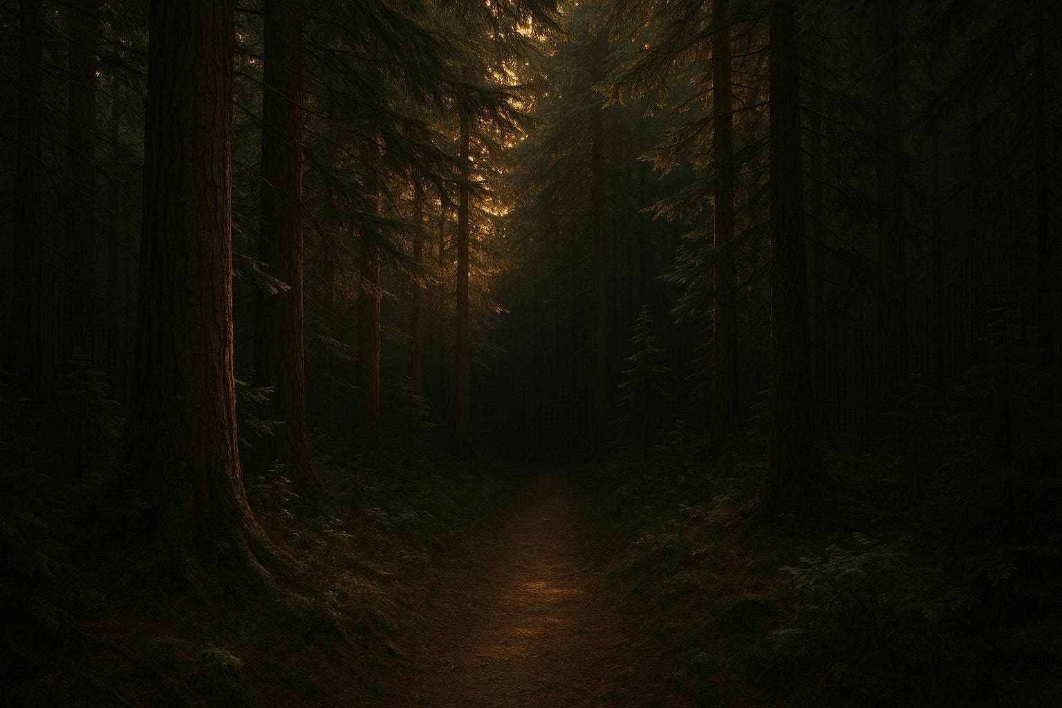 A forest trail disappearing into shadow at sunset among tall cedar trees in Gitxsan territory.