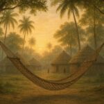 A woven hammock suspended between two trees in a Taíno village at dawn, symbolizing rest and balance
