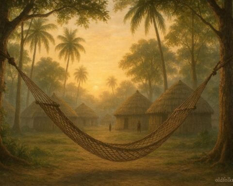 A woven hammock suspended between two trees in a Taíno village at dawn, symbolizing rest and balance