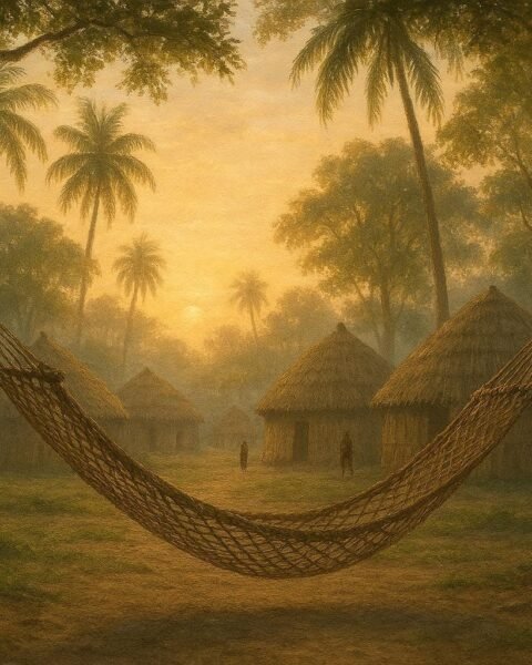 A woven hammock suspended between two trees in a Taíno village at dawn, symbolizing rest and balance