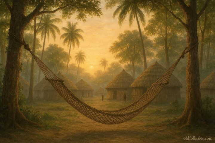 A woven hammock suspended between two trees in a Taíno village at dawn, symbolizing rest and balance