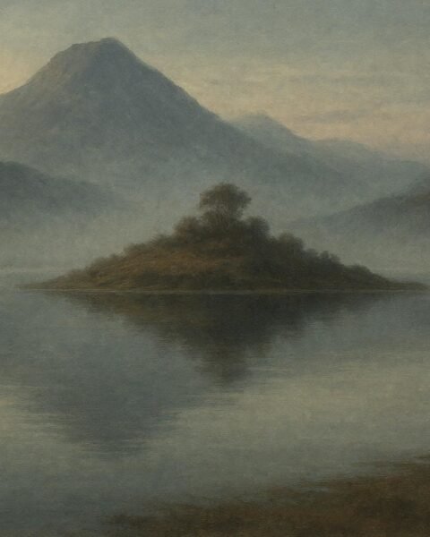A vast Andean lake at dawn with calm waters covering a vanished island, mist rising, sacred and solemn atmosphere
