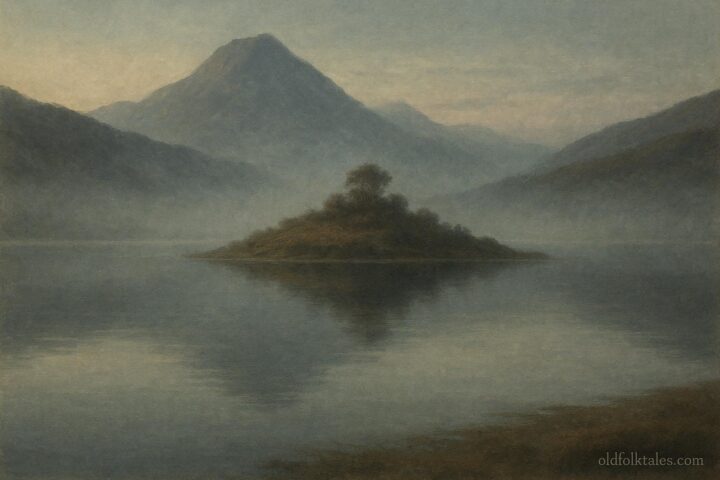 A vast Andean lake at dawn with calm waters covering a vanished island, mist rising, sacred and solemn atmosphere