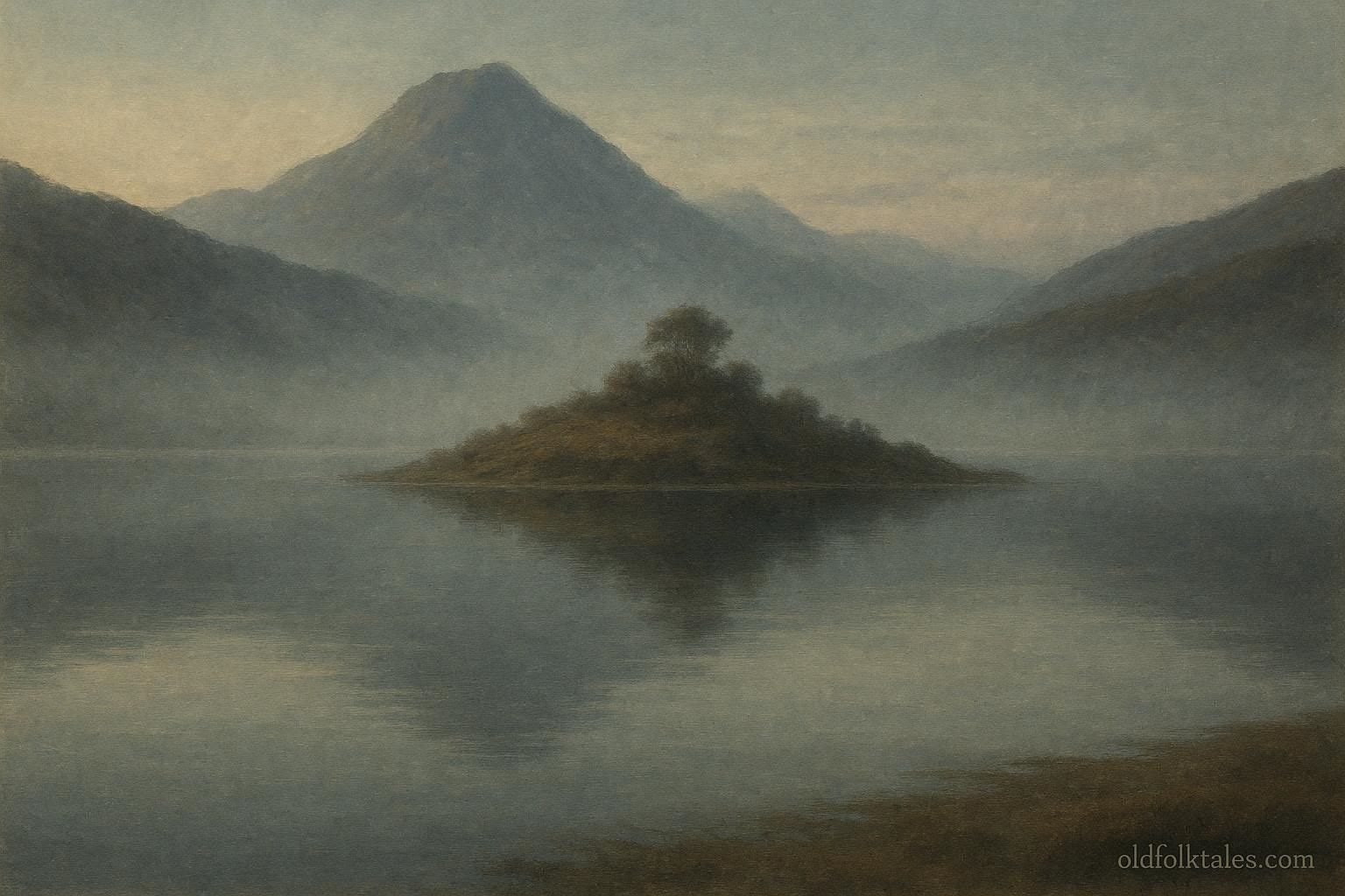 A vast Andean lake at dawn with calm waters covering a vanished island, mist rising, sacred and solemn atmosphere