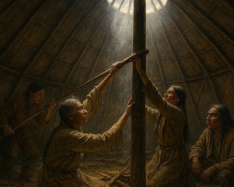 A Blackfoot lodge pole stands firmly as community members cooperate to raise it, symbolizing unity and collective strength.