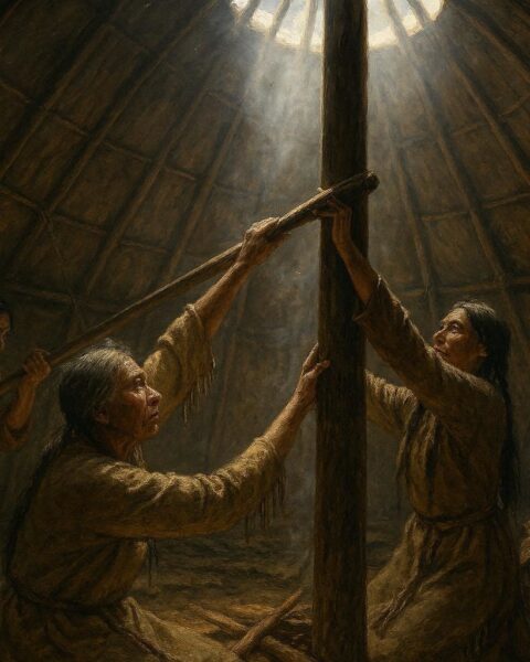 A Blackfoot lodge pole stands firmly as community members cooperate to raise it, symbolizing unity and collective strength.