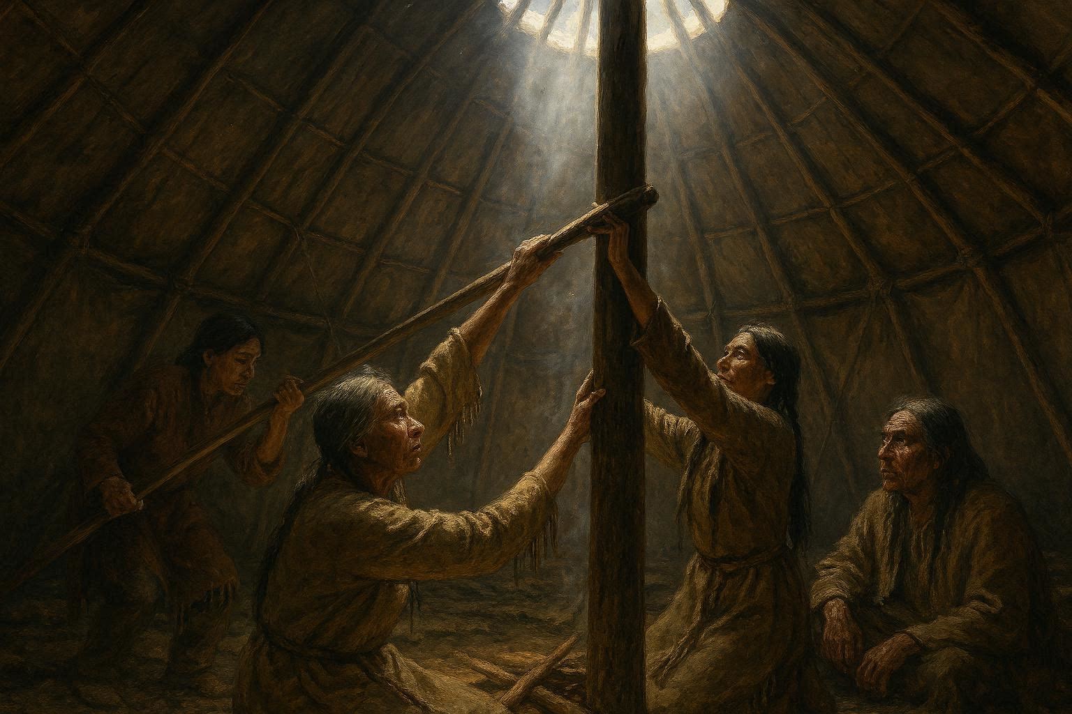 A Blackfoot lodge pole stands firmly as community members cooperate to raise it, symbolizing unity and collective strength.