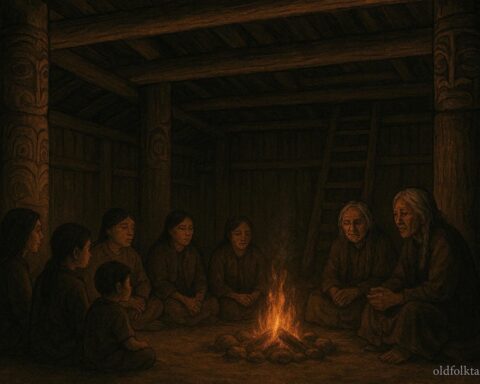 Dakelh lodge with villagers listening to elders, ceremonial fire glowing, First Peoples folktale, British Columbia, Canada