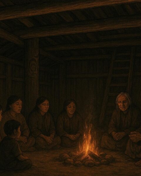 Dakelh lodge with villagers listening to elders, ceremonial fire glowing, First Peoples folktale, British Columbia, Canada