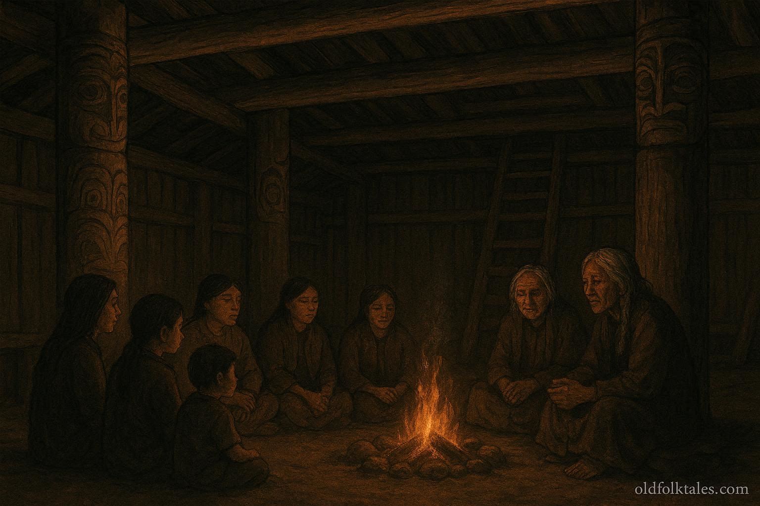 Dakelh lodge with villagers listening to elders, ceremonial fire glowing, First Peoples folktale, British Columbia, Canada