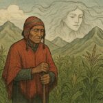 A Quechua farmer silently watching abundant maize grow after trading his voice to a mountain spirit