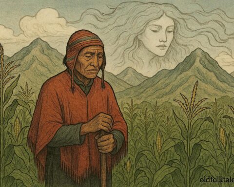 A Quechua farmer silently watching abundant maize grow after trading his voice to a mountain spirit