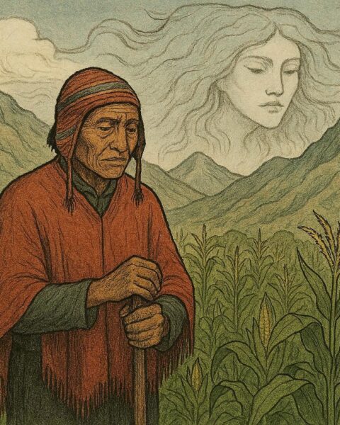 A Quechua farmer silently watching abundant maize grow after trading his voice to a mountain spirit