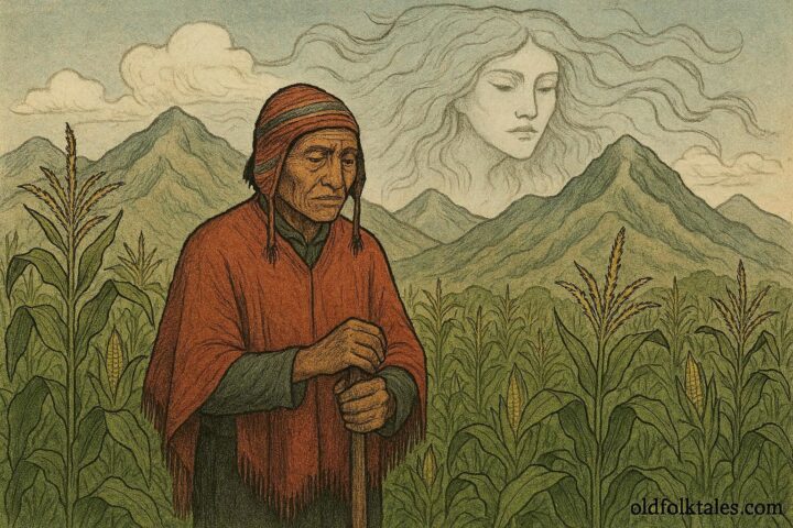 A Quechua farmer silently watching abundant maize grow after trading his voice to a mountain spirit