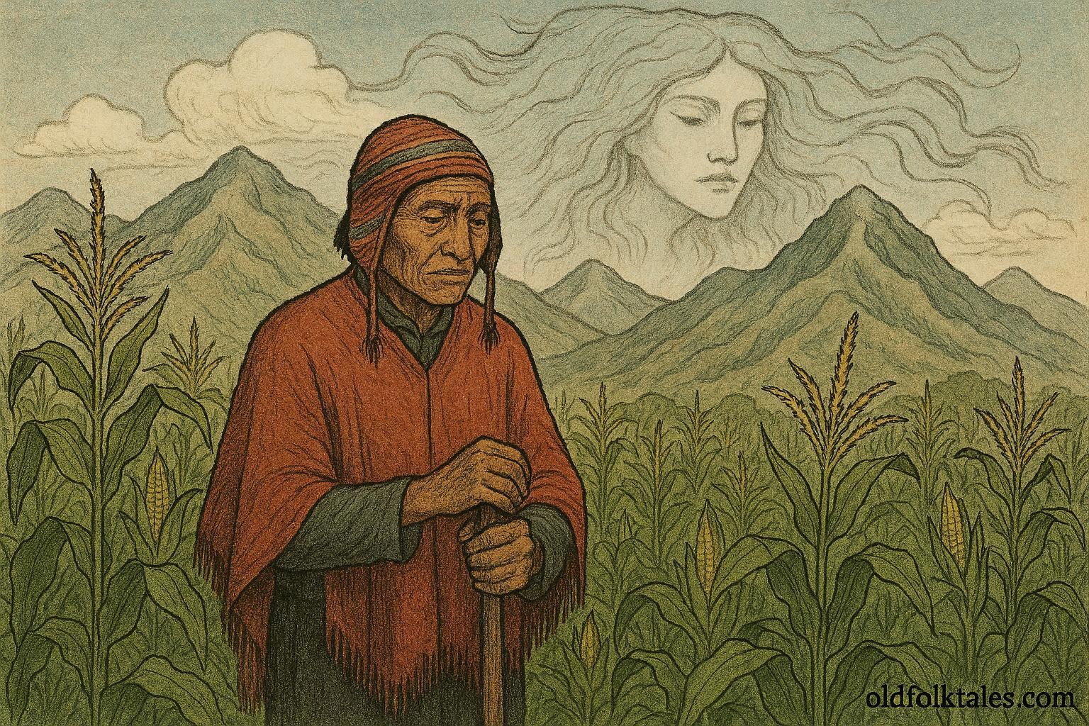 A Quechua farmer silently watching abundant maize grow after trading his voice to a mountain spirit