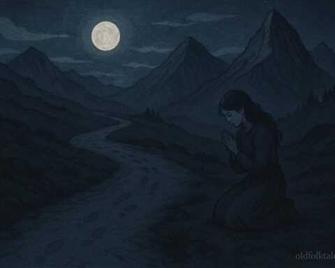 illustration of Andean Night Path, fading footprints, young woman kneeling under moonlight