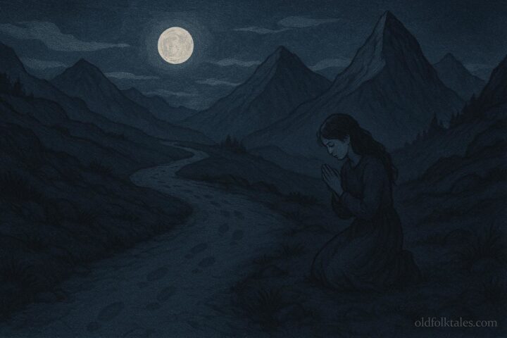 illustration of Andean Night Path, fading footprints, young woman kneeling under moonlight