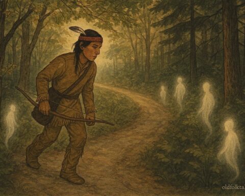 Nêhiyaw hunter walking an enchanted forest path guided by spirits, central Canada, Cree folktale