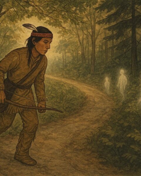 Nêhiyaw hunter walking an enchanted forest path guided by spirits, central Canada, Cree folktale