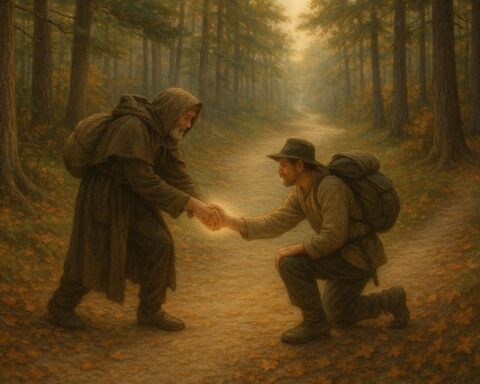 A forest trail expands as travelers assist one another, symbolizing reciprocity and kindness.