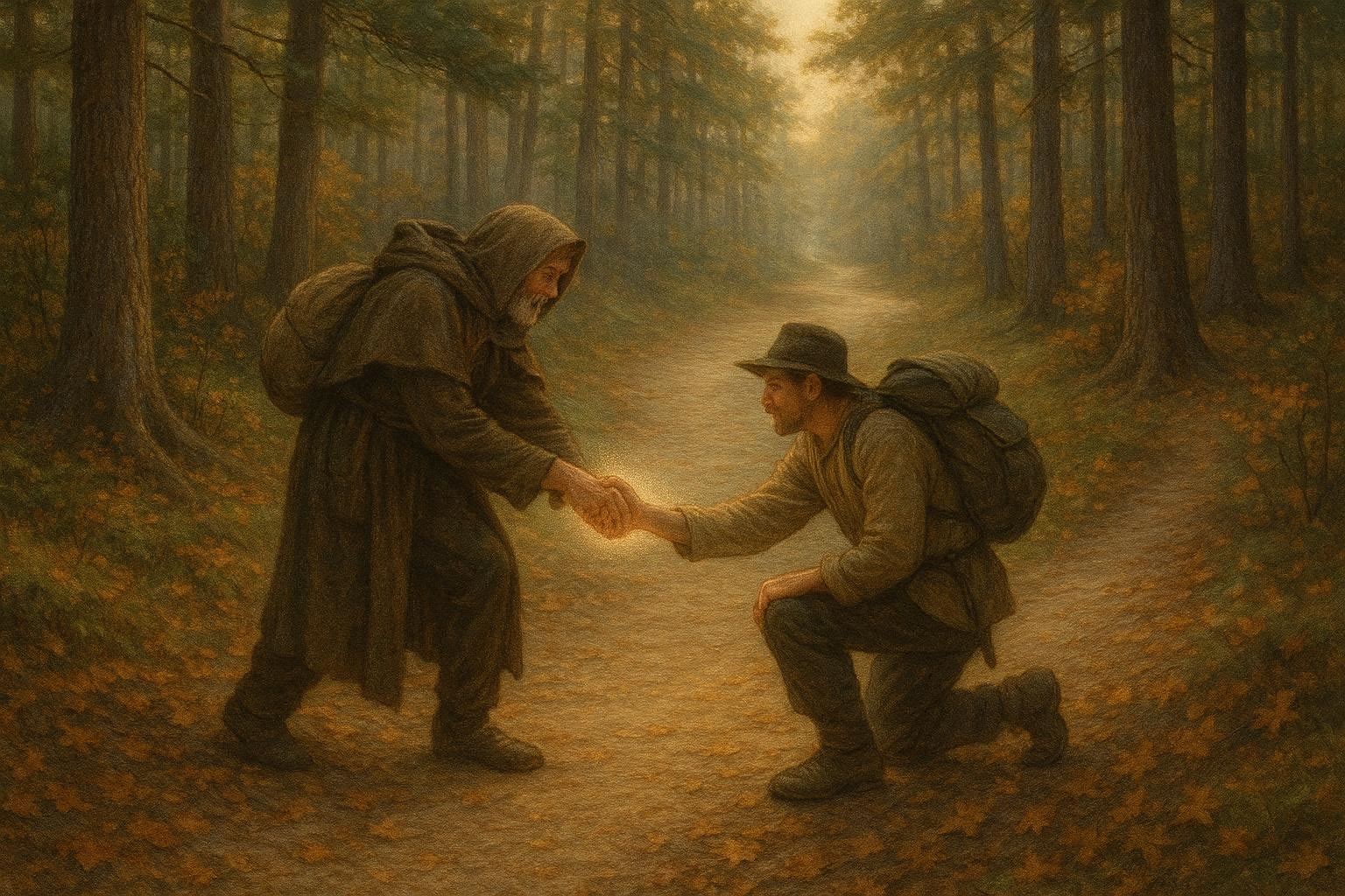 A forest trail expands as travelers assist one another, symbolizing reciprocity and kindness.