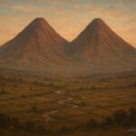 Two towering twin mountains rising side by side over an Andean valley, symbolizing transformed sisters guarding the land