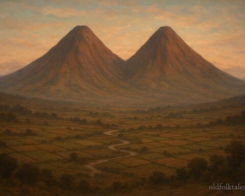 Two towering twin mountains rising side by side over an Andean valley, symbolizing transformed sisters guarding the land