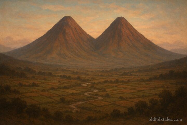 Two towering twin mountains rising side by side over an Andean valley, symbolizing transformed sisters guarding the land