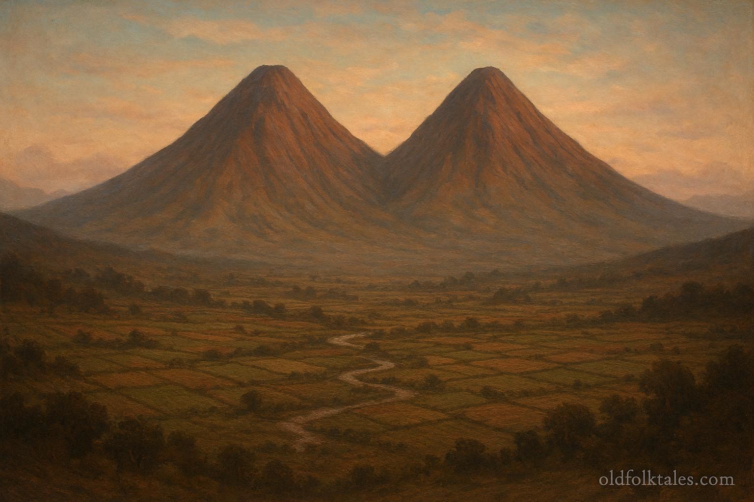 Two towering twin mountains rising side by side over an Andean valley, symbolizing transformed sisters guarding the land