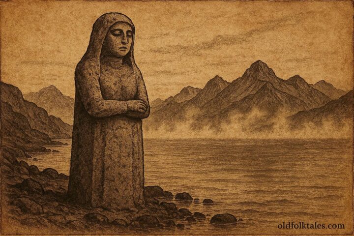 A stone woman standing by Lake Titicaca, Aymara legend from Bolivia