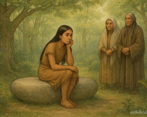 Secwépemc stone seat with young woman sitting, elders observing, First Peoples folktale, Interior British Columbia, Canada