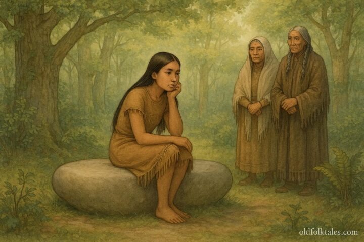 Secwépemc stone seat with young woman sitting, elders observing, First Peoples folktale, Interior British Columbia, Canada