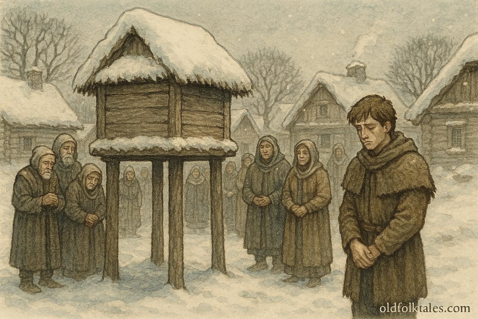 Villagers around a snow-covered food cache, showing humility and respect as the cache mysteriously shrinks