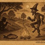 Parchment-style illustration of Bouki at a crossroads with a talking fish, Haitian folktale.