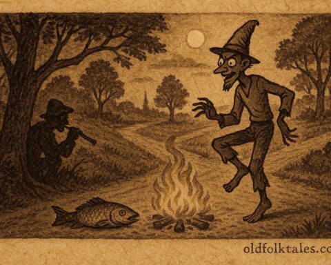 Parchment-style illustration of Bouki at a crossroads with a talking fish, Haitian folktale.