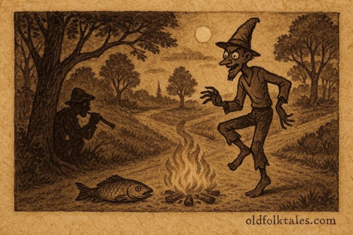 Parchment-style illustration of Bouki at a crossroads with a talking fish, Haitian folktale.