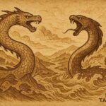 Parchment-style artwork of Trentren Vilu and Caicai Vilu battling, Mapuche legend, Chilean landscape.