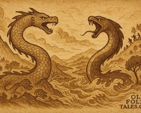 Parchment-style artwork of Trentren Vilu and Caicai Vilu battling, Mapuche legend, Chilean landscape.