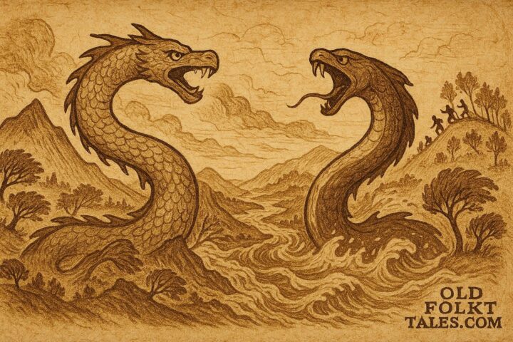 Parchment-style artwork of Trentren Vilu and Caicai Vilu battling, Mapuche legend, Chilean landscape.