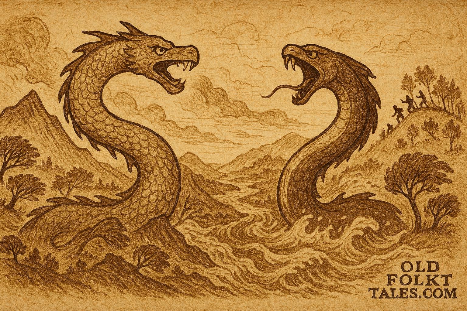 Parchment-style artwork of Trentren Vilu and Caicai Vilu battling, Mapuche legend, Chilean landscape.