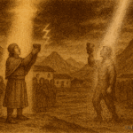 Sepia-toned illustration on aged rice parchment depicting an Inti Raymi ceremony in a Peruvian village plaza. Two men stand at the center holding chicha vessels: one is bathed in a warm golden column of light in reverent celebration, while the other is struck by a harsh white beam that dissolves his form into dust. Villagers watch in awe beneath a darkened sky, framed by towering Andean mountains. “OldFolktales.com” is inscribed in the bottom right corner.
