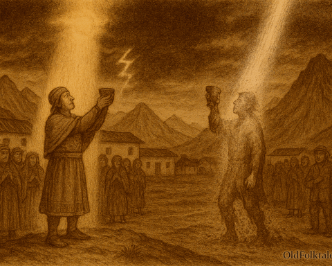 Sepia-toned illustration on aged rice parchment depicting an Inti Raymi ceremony in a Peruvian village plaza. Two men stand at the center holding chicha vessels: one is bathed in a warm golden column of light in reverent celebration, while the other is struck by a harsh white beam that dissolves his form into dust. Villagers watch in awe beneath a darkened sky, framed by towering Andean mountains. “OldFolktales.com” is inscribed in the bottom right corner.