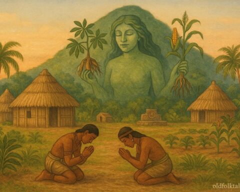 Taíno farmers receiving crops from the spirit Yúcahu at the foot of a sacred mountain