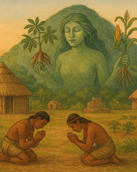 Taíno farmers receiving crops from the spirit Yúcahu at the foot of a sacred mountain