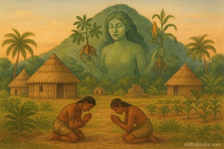 Taíno farmers receiving crops from the spirit Yúcahu at the foot of a sacred mountain